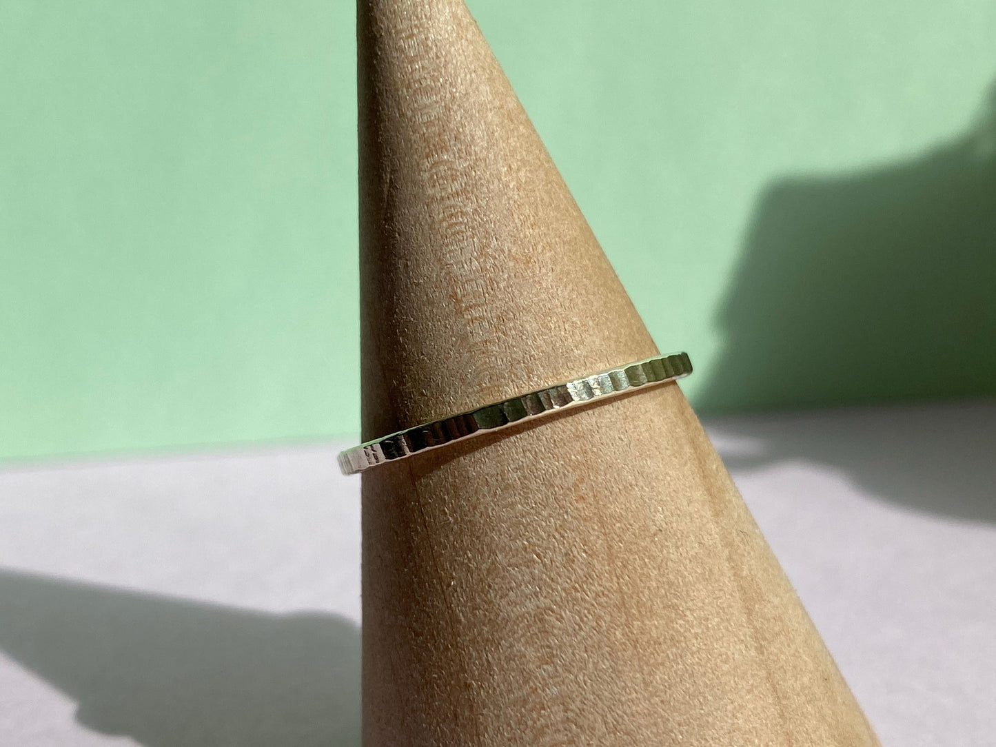 Solid 9ct yellow Gold hammered stacking ring band made from recycled gold. NM47