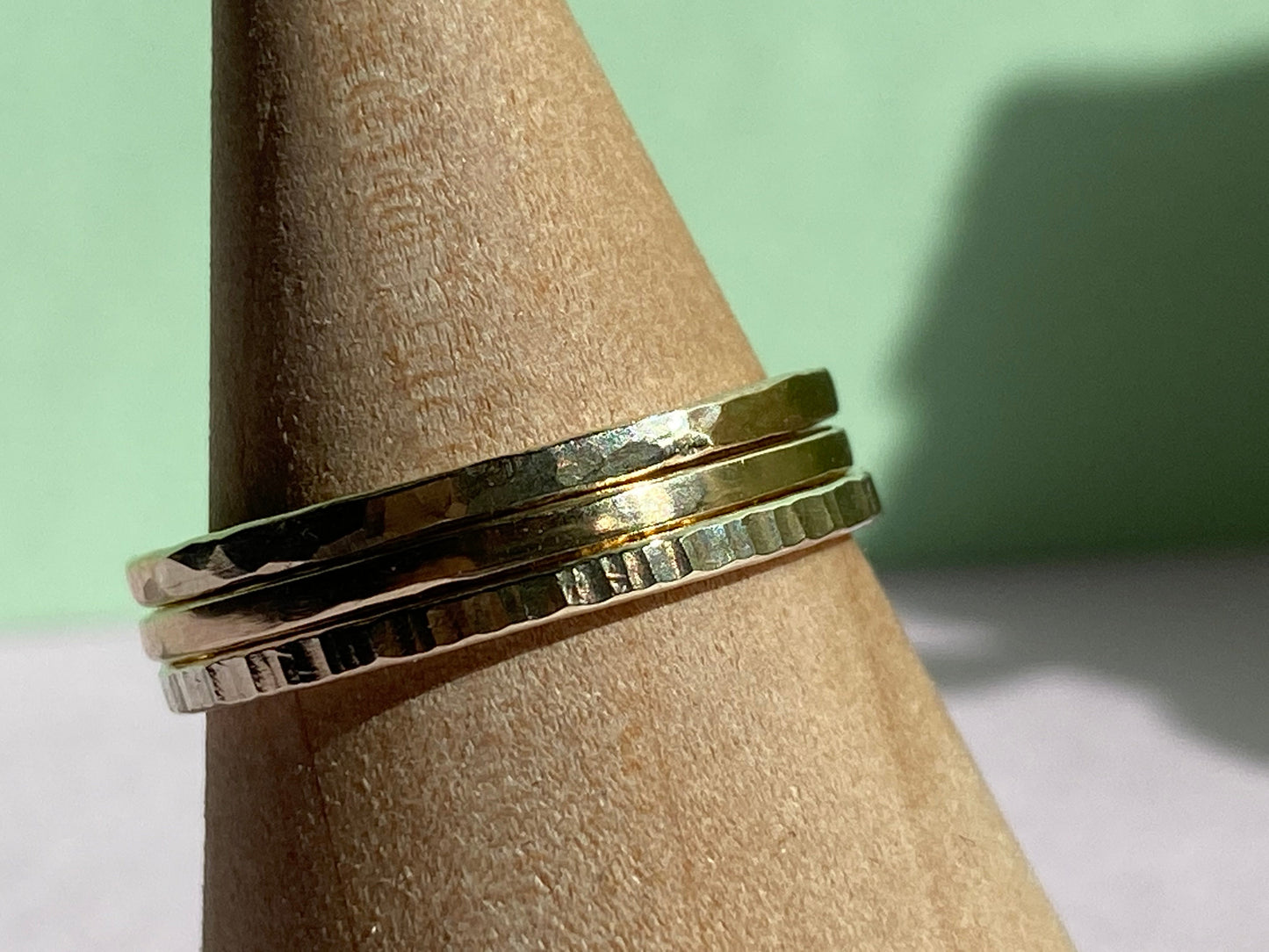 Solid 9ct yellow Gold hammered stacking ring band made from recycled gold. NM47