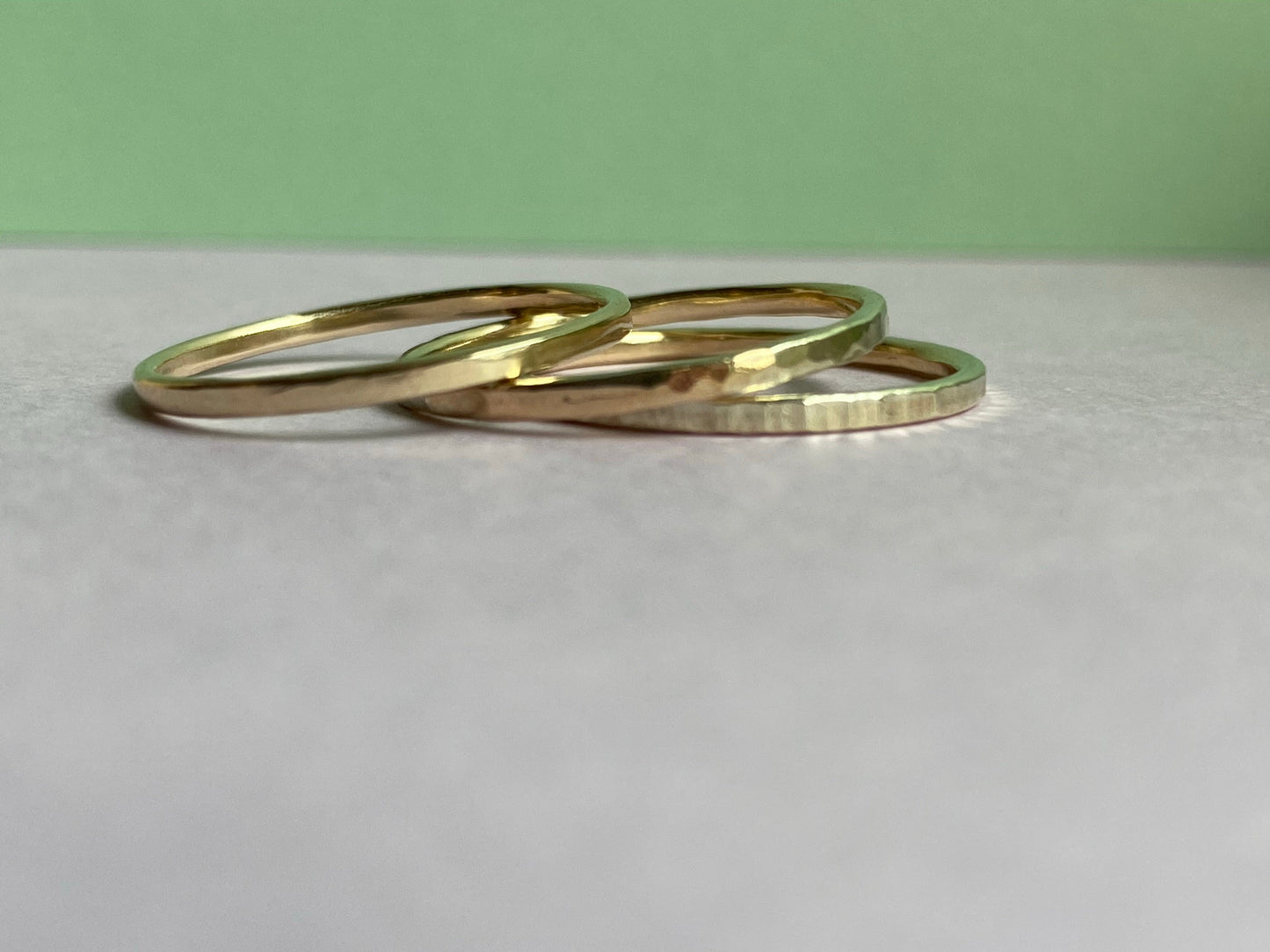 Solid 9ct yellow Gold hammered stacking ring band made from recycled gold. NM47