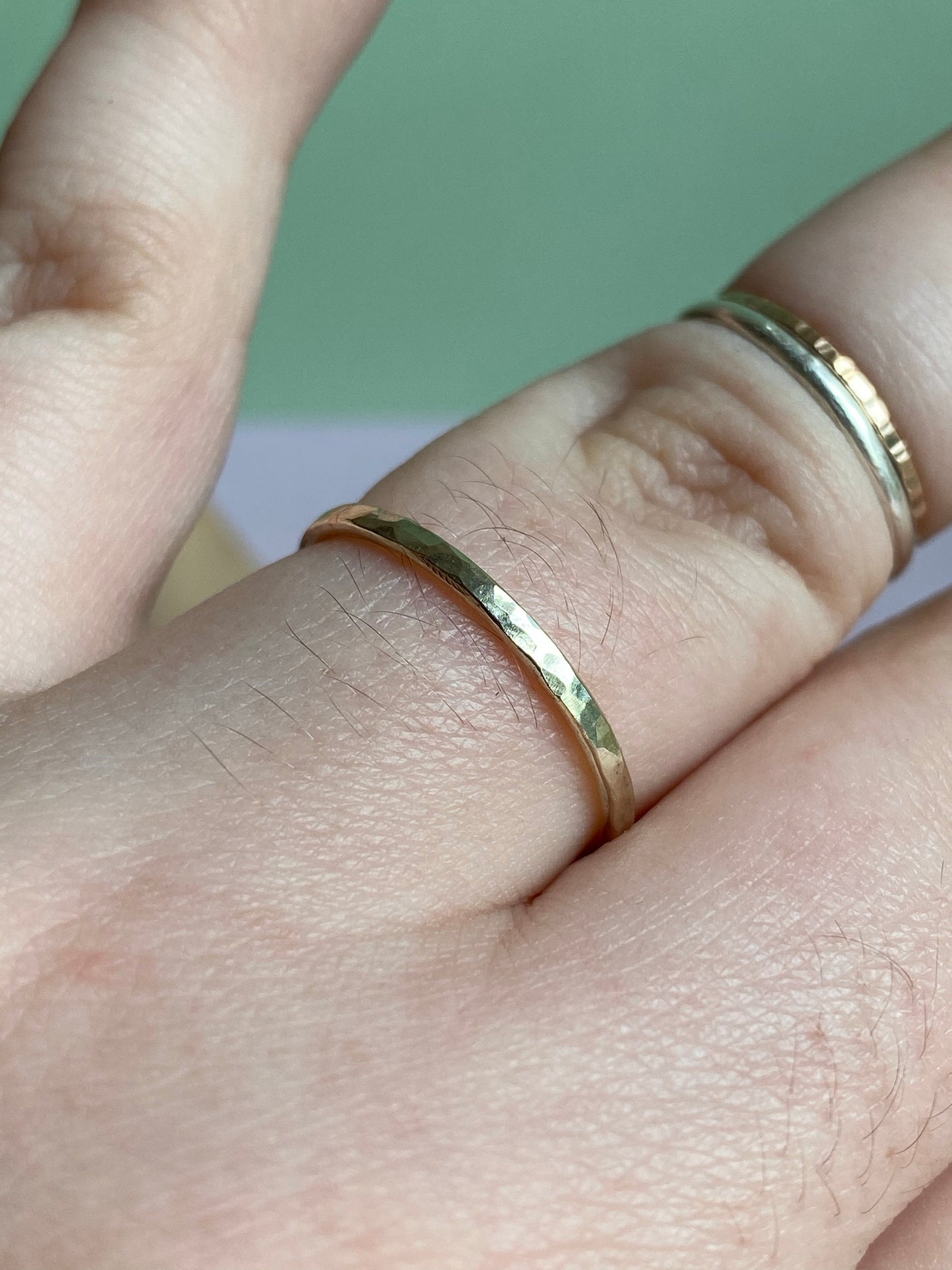 Solid 9ct yellow Gold shimmer stacking ring band made from recycled gold. NM47