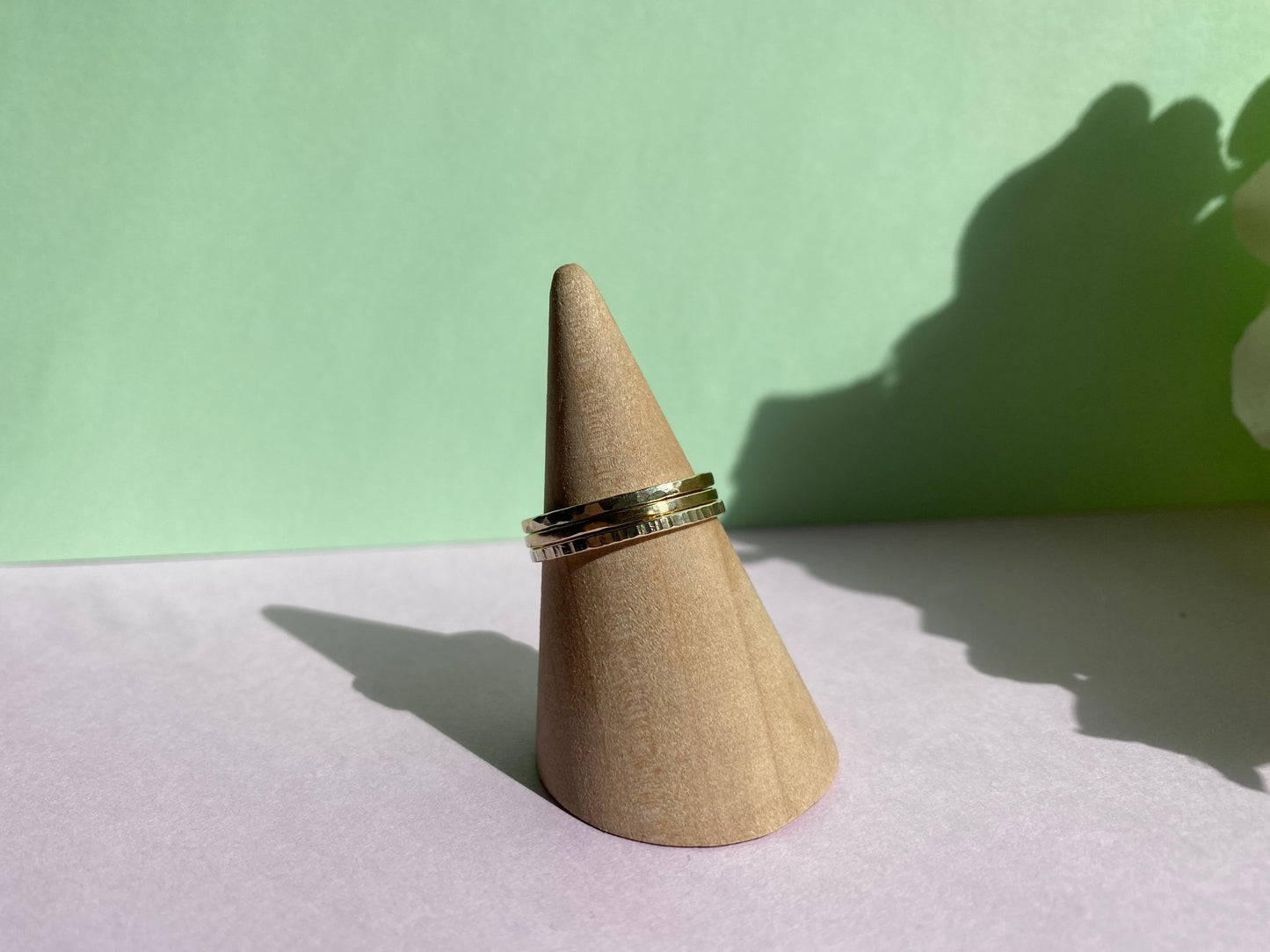 Solid 9ct yellow Gold hammered stacking ring band made from recycled gold. NM47