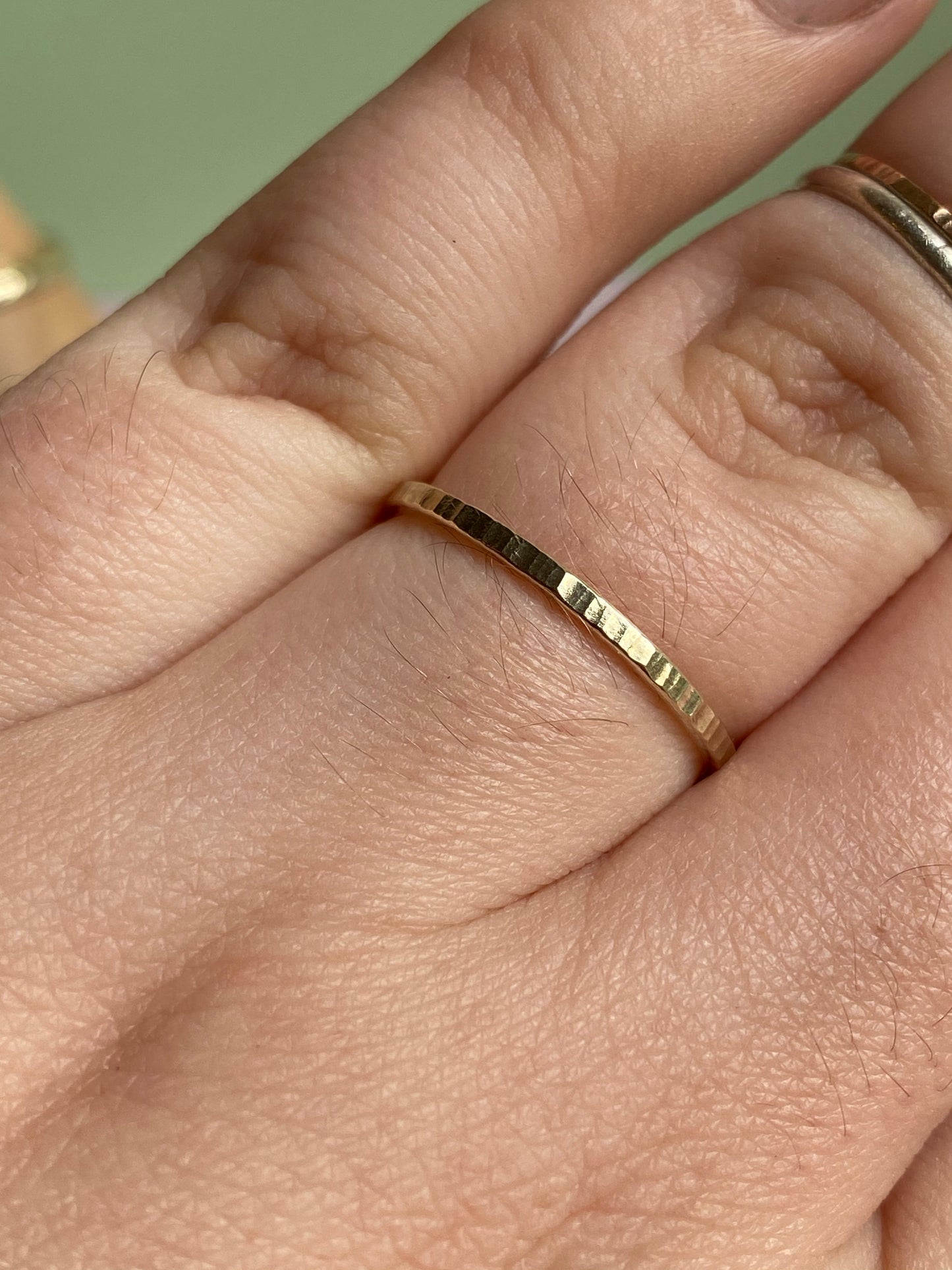 Solid 9ct yellow Gold hammered stacking ring band made from recycled gold. NM47