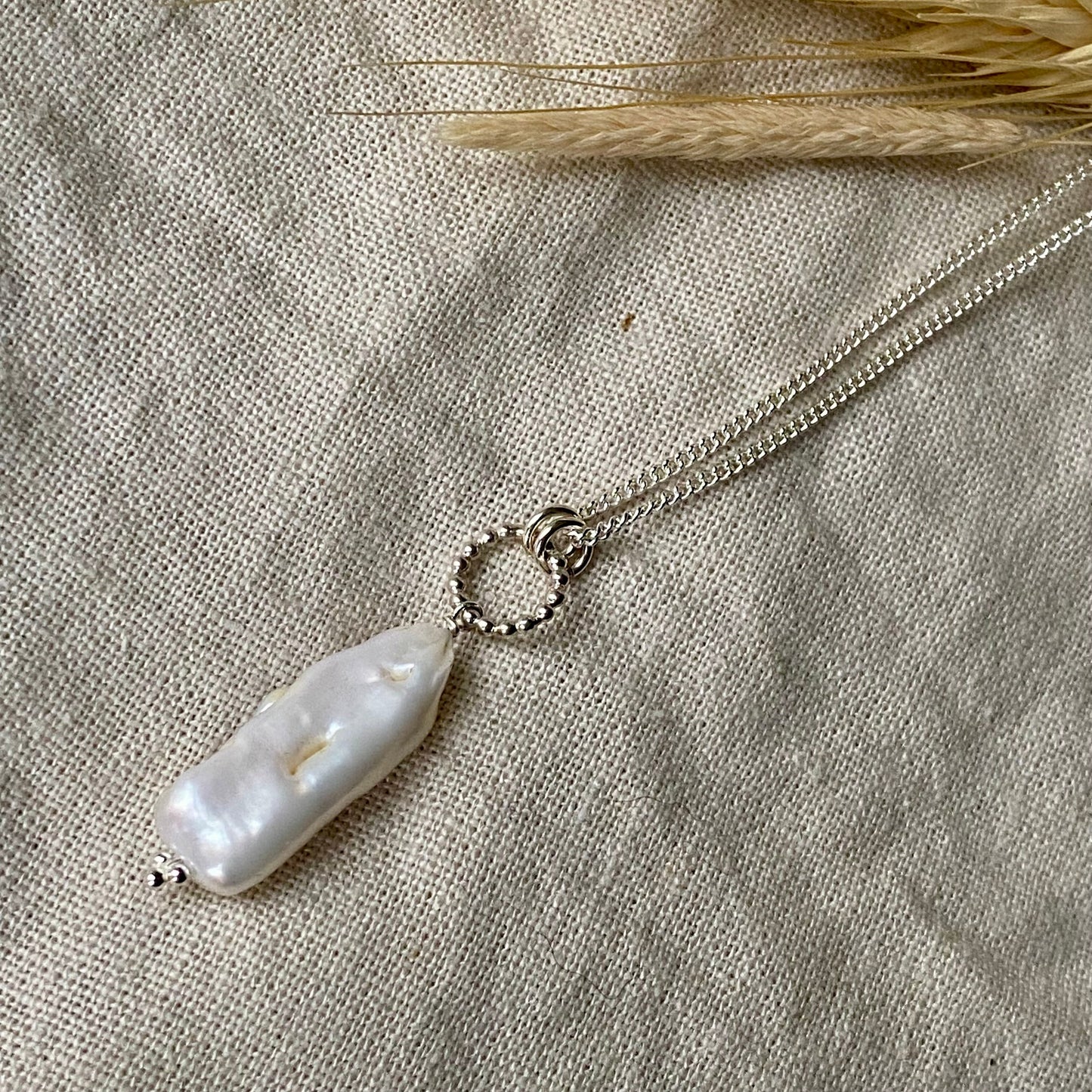 New - Sterling silver Biwa pearl necklace NM47