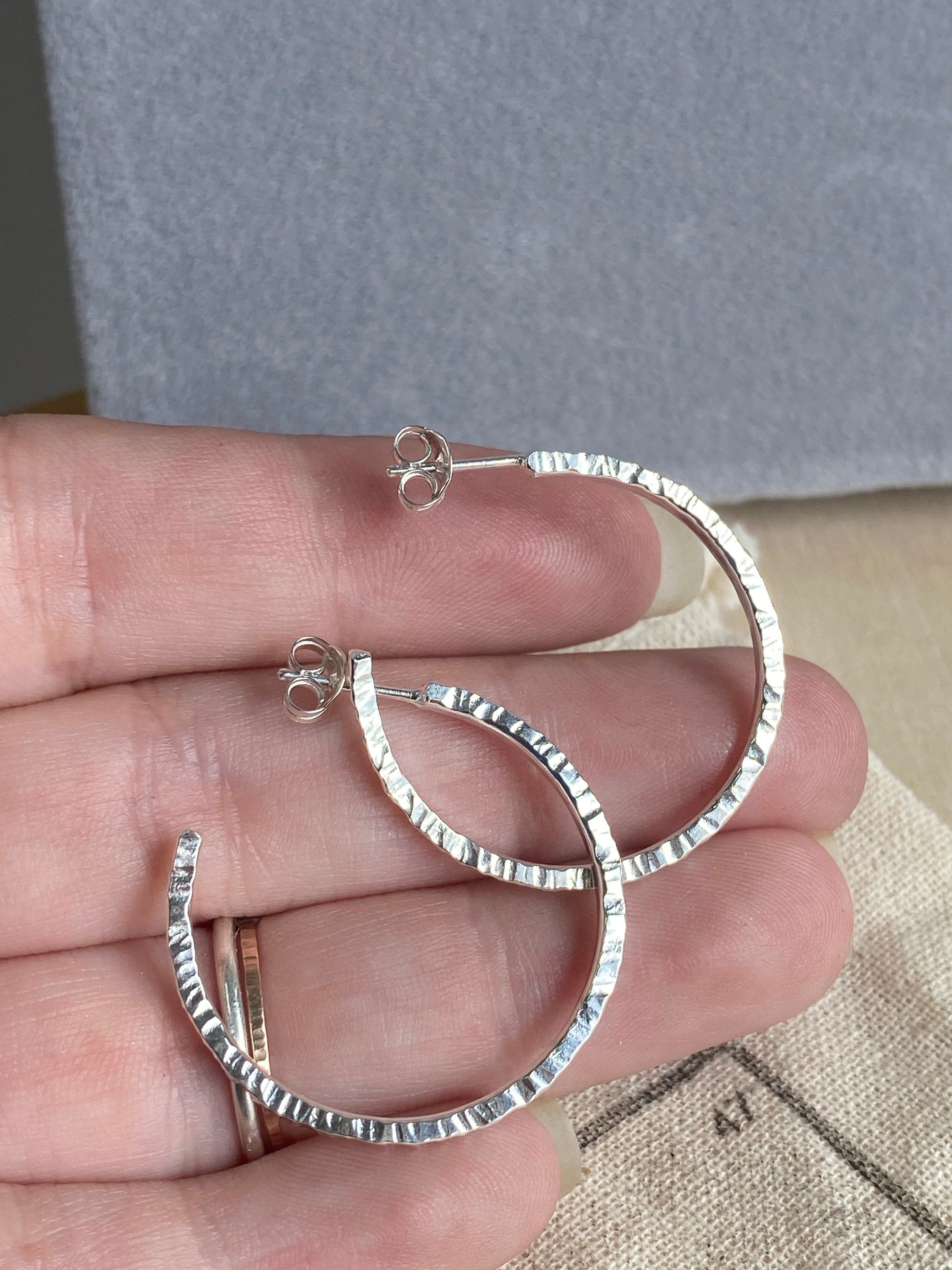Medium Heavy Hammered Silver hoops NM47