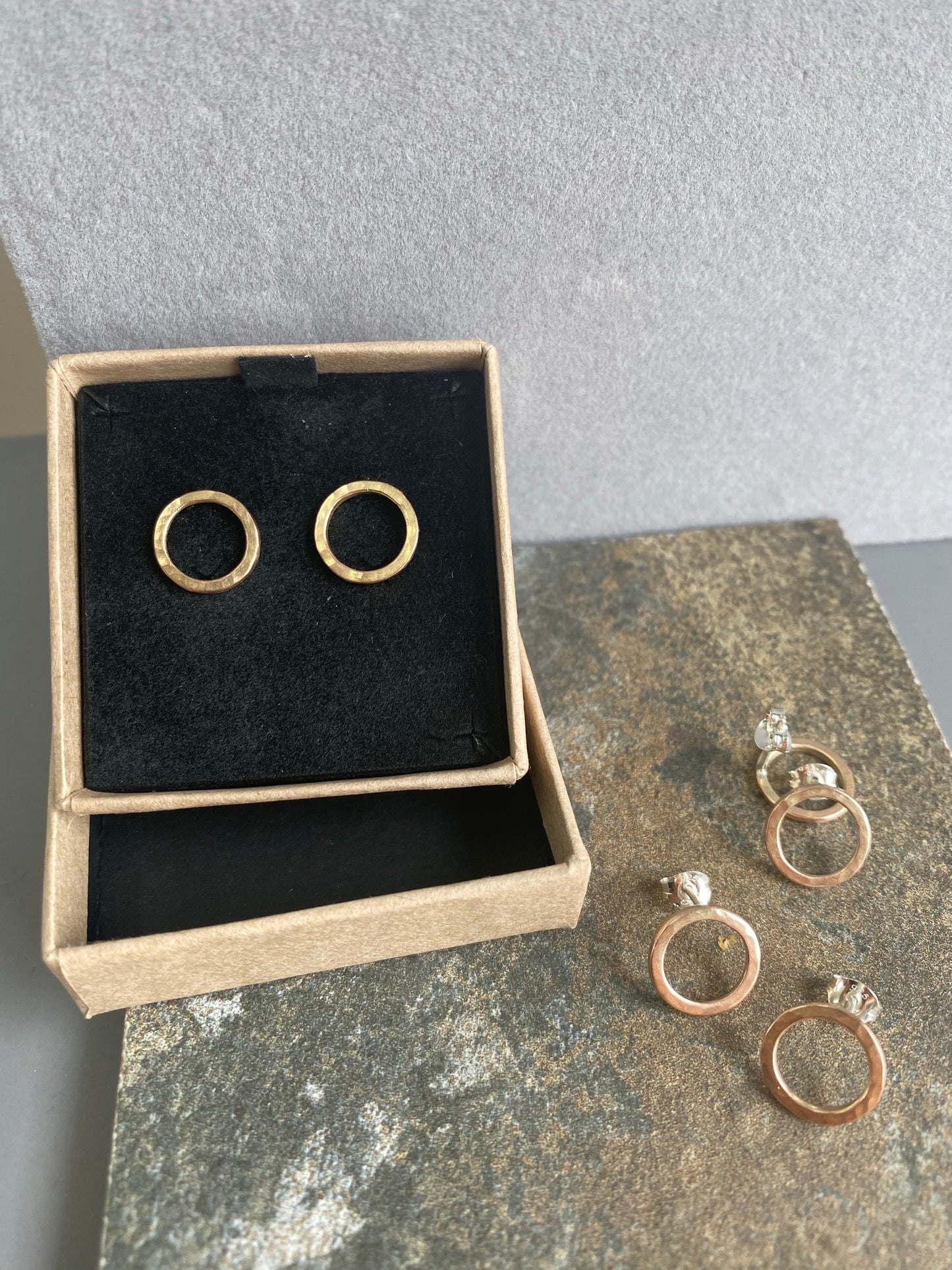 Solid 9ct Rose gold hammered circle studs