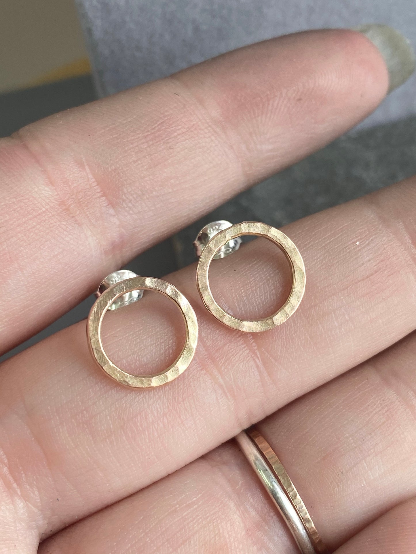 Solid 9ct Rose gold hammered circle studs