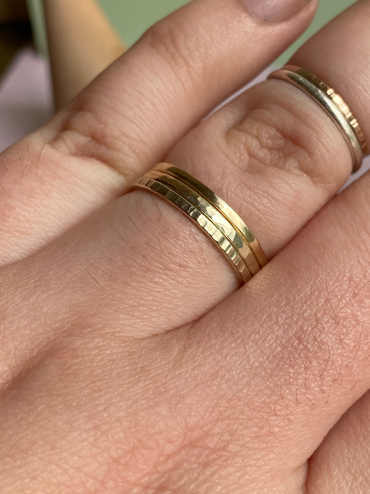 Solid 9ct yellow Gold shimmer stacking ring band made from recycled gold.