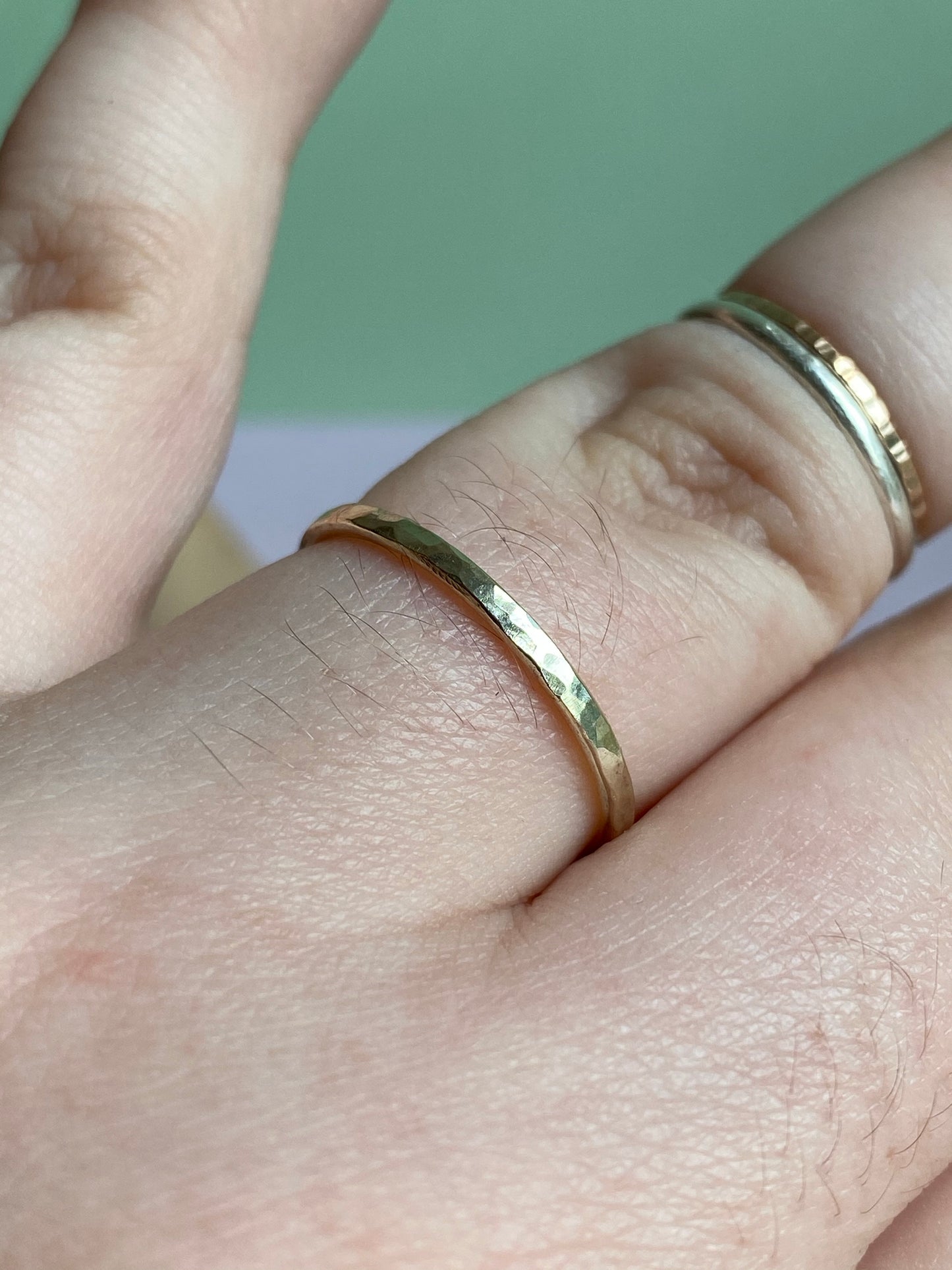 Solid 9ct yellow Gold shimmer stacking ring band made from recycled gold.