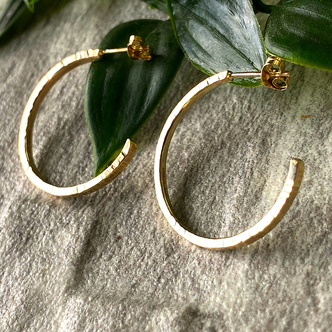 Solid 9ct yellow gold hammered hoops